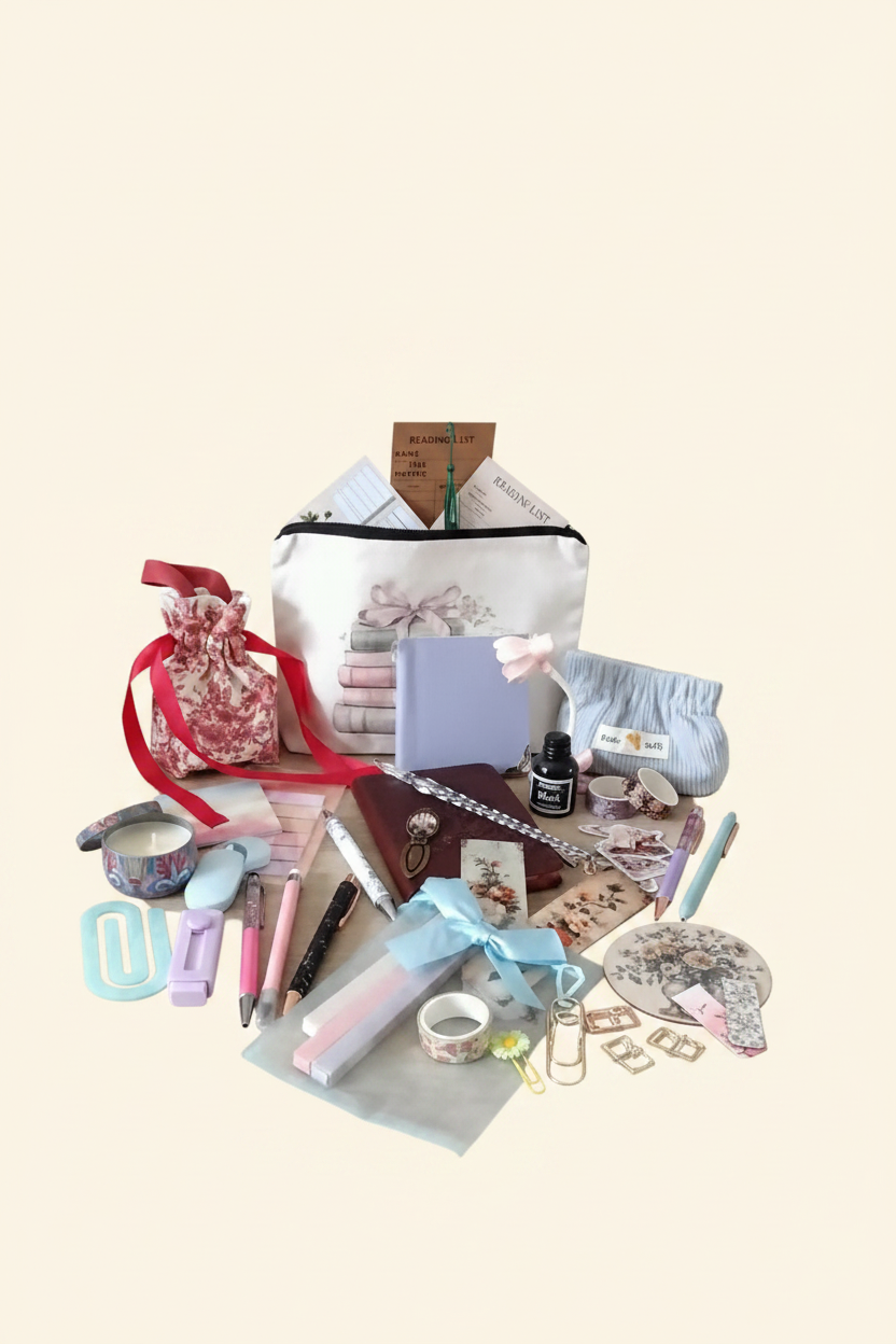 Bookish Gift Flatlay on Cream Background