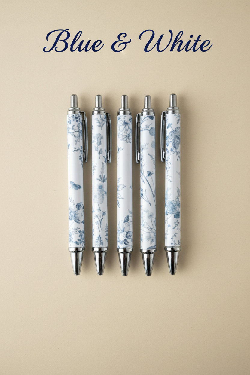 Blue and white floral ballpoint pens on dark cream background with Blue & White calligraphy heading