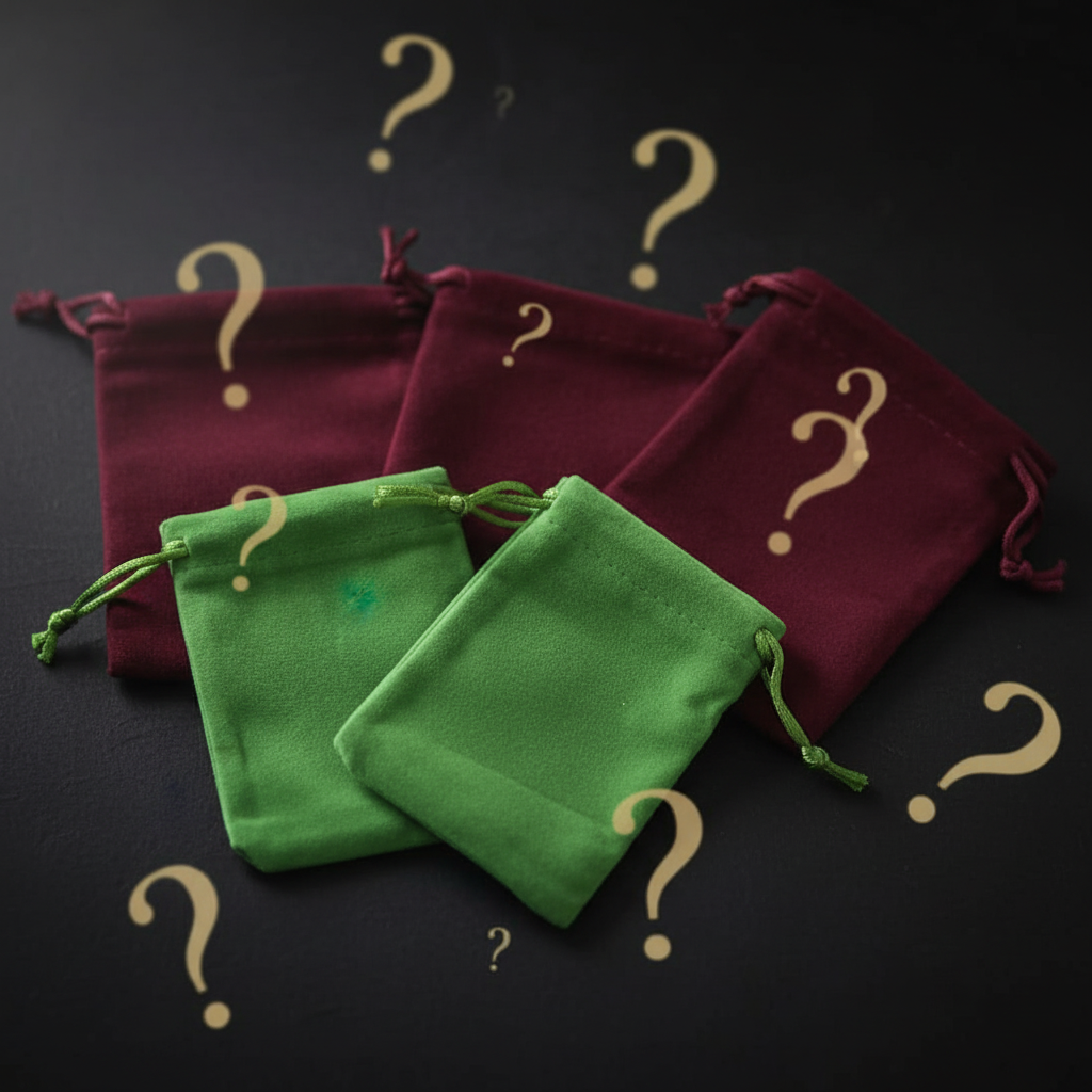 Green and burgundy velvet drawstring pouches on a dark moody background with antique gold question marks