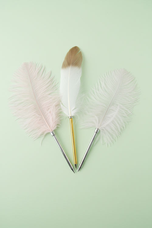 Feather ballpoint pens in pink, white and grey on pale green background