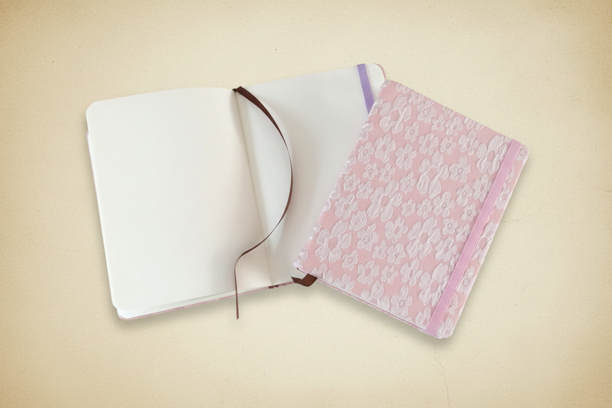Jacquard 3D notebook open showing cream pages alongside closed blush pink cover on dark cream background