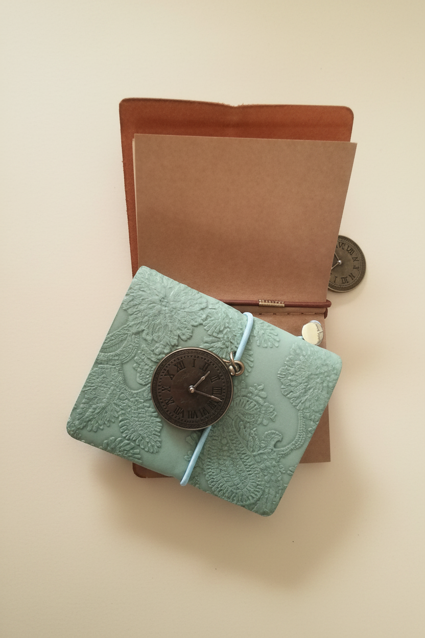 Mini traveller's notebooks open and closed on dark cream background showing interior pocket and lace cover