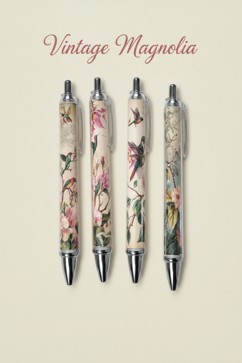 Vintage magnolia and hummingbird floral ballpoint pens on dark cream background with Vintage Magnolia calligraphy heading