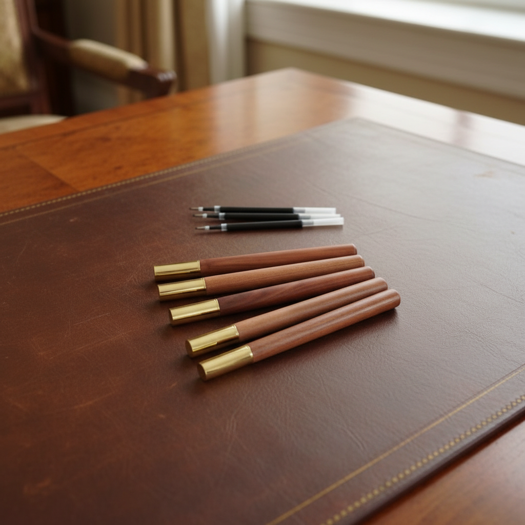 5 Rosewood Gel Rollerball pens with gold tips on a Regency-style writing desk