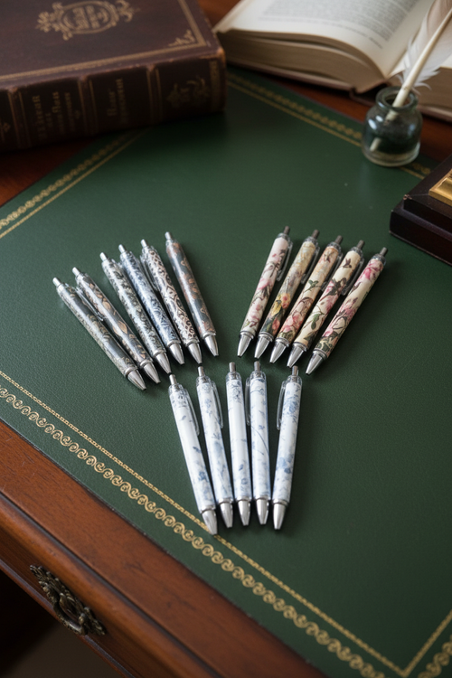 Floral patterned ballpoint pens arranged on a Regency mahogany writing desk