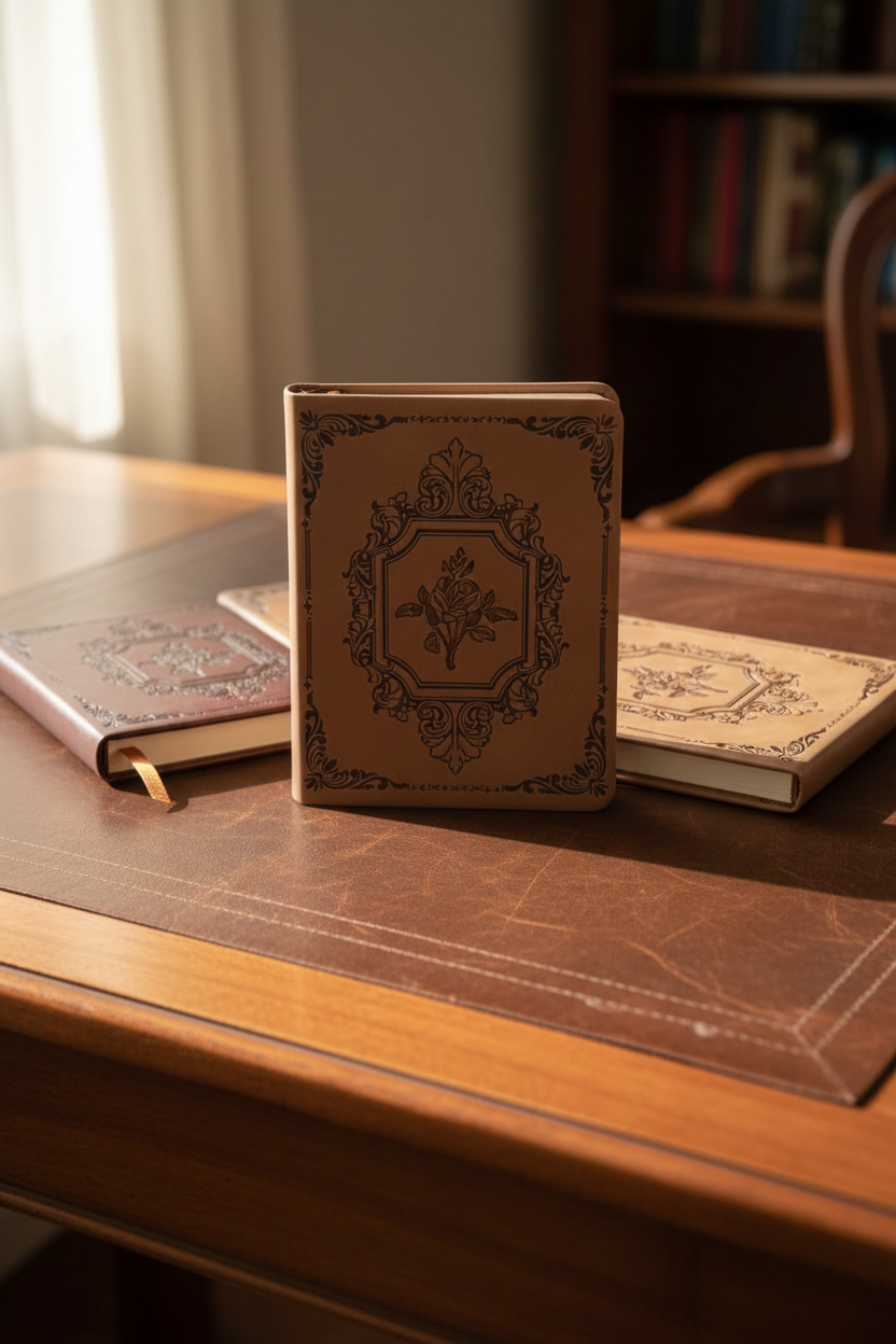 Vintage rose embossed faux leather journals arranged on a Regency-style writing desk