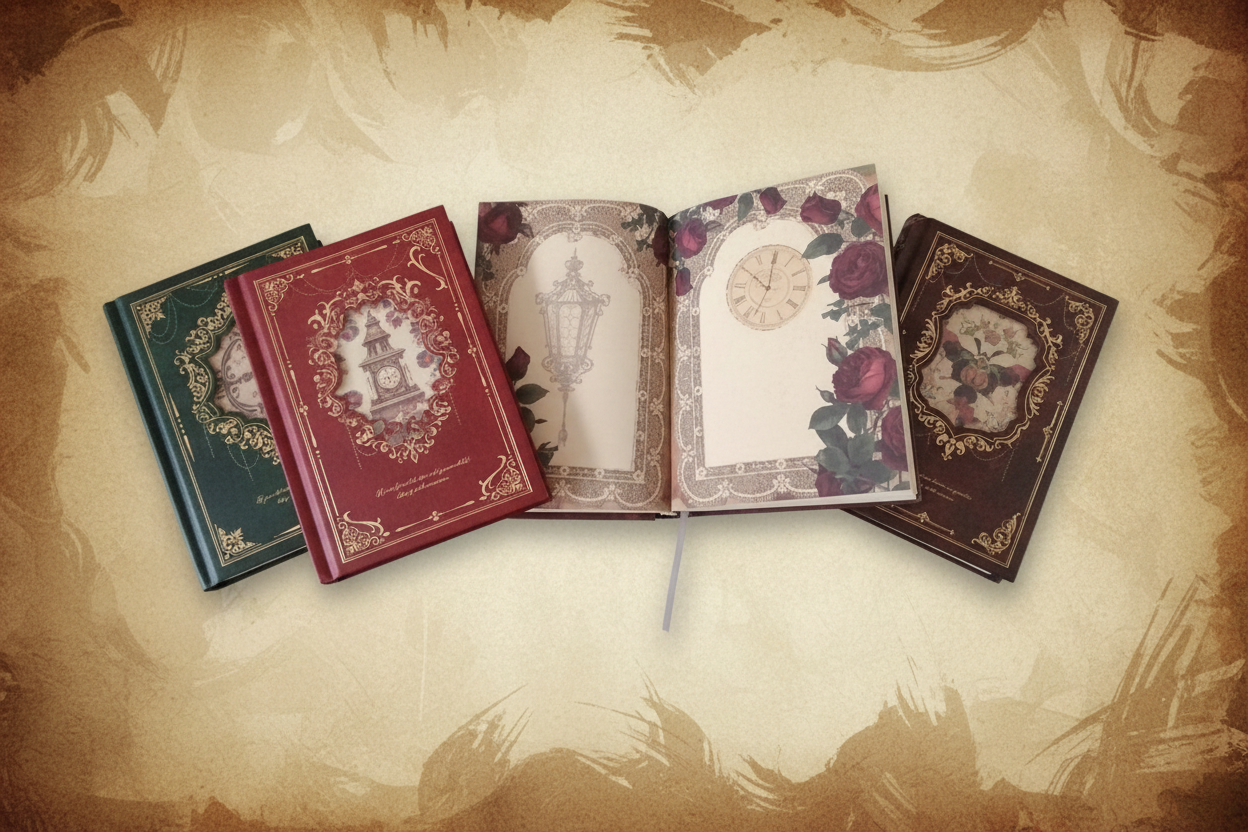 Century Hymn Series notebooks open showing patterned interior pages on dark cream background