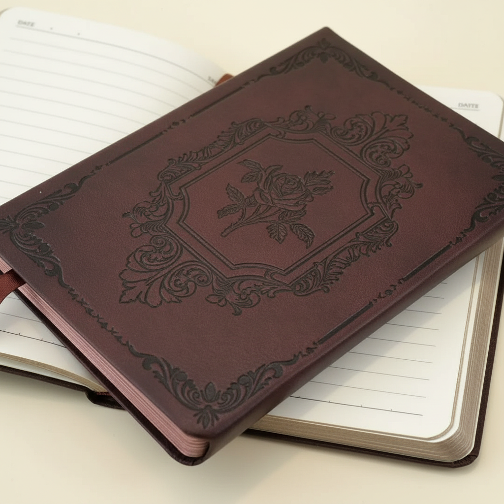 Zoomed close-up of vintage rose embossed journal open to lined pages on dark cream background