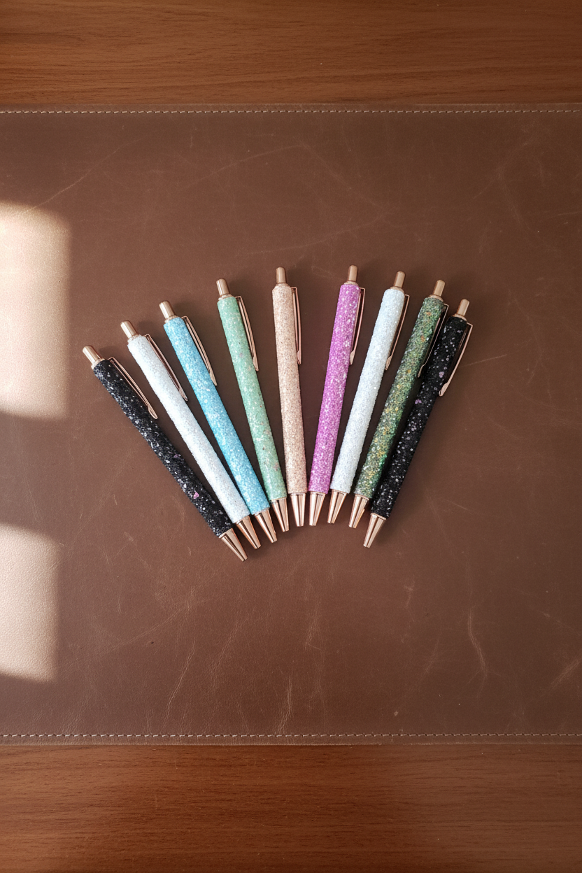 Fan of sparkle ballpoint pens in multiple colours on a Regency-style writing desk