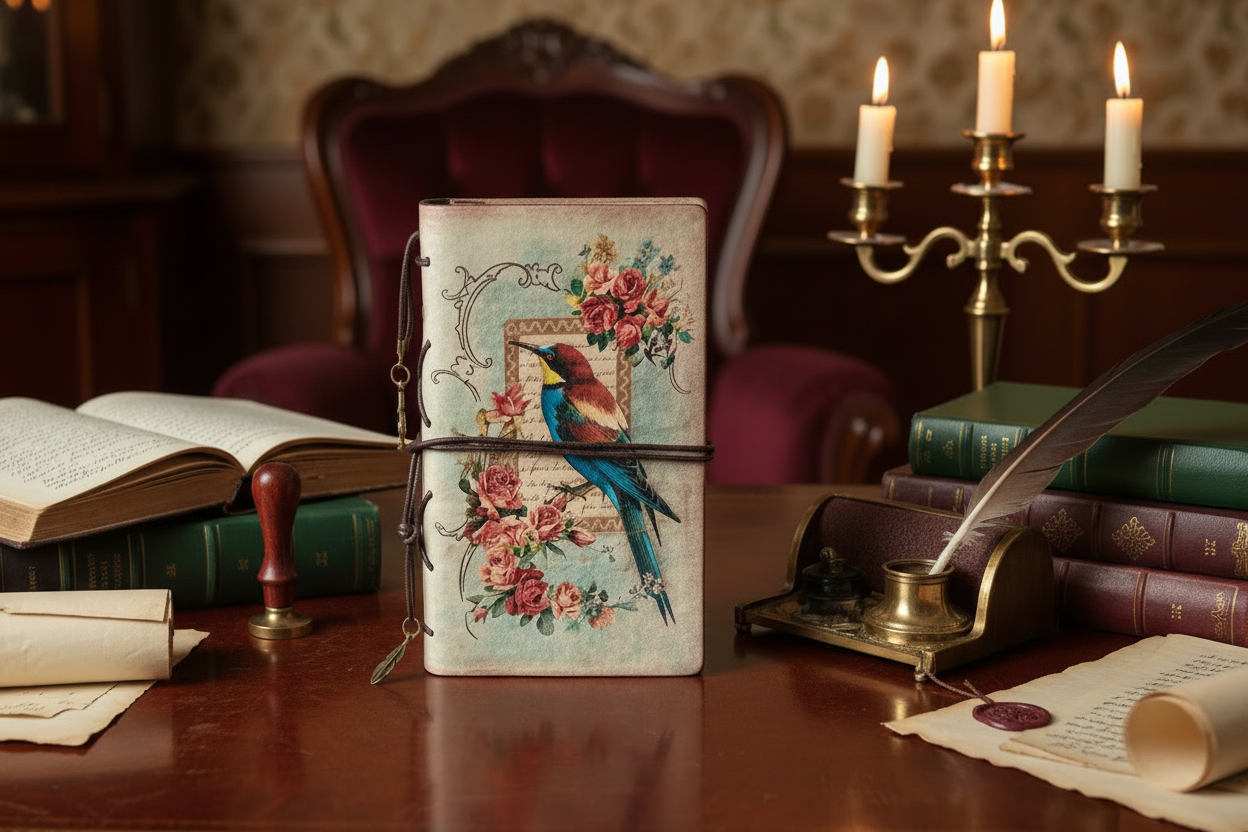 Vintage pattern notebook in a Regency-inspired setting