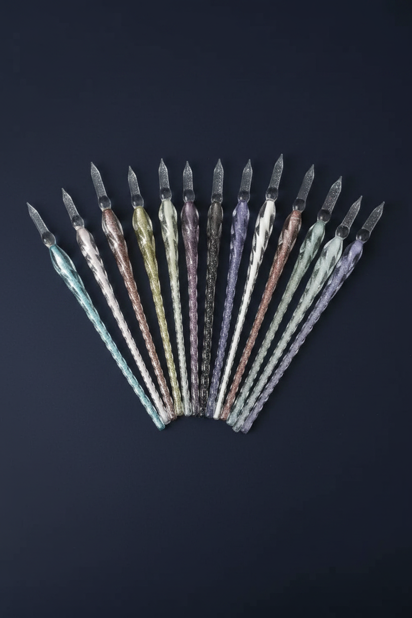 Fan of glitter glass fountain pens on a dark background