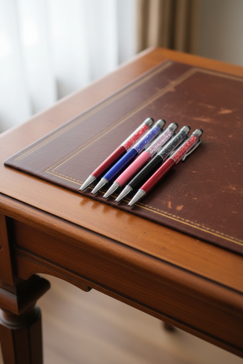 Crystal stylus ballpoint pens laid flat on a Regency-style writing desk