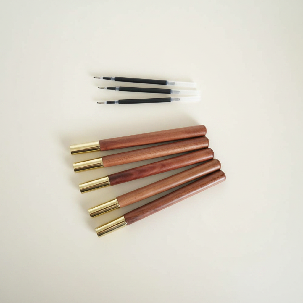Rosewood gel rollerball pens on cream background