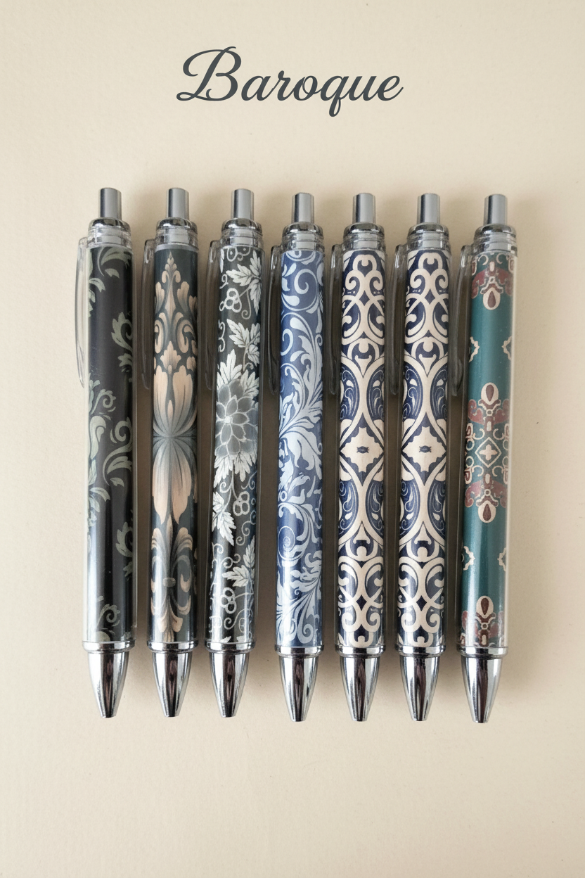 Baroque patterned ballpoint pens on dark cream background with Baroque calligraphy heading