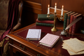 Jacquard 3D notebooks in lilac and blush pink on a Regency-inspired background
