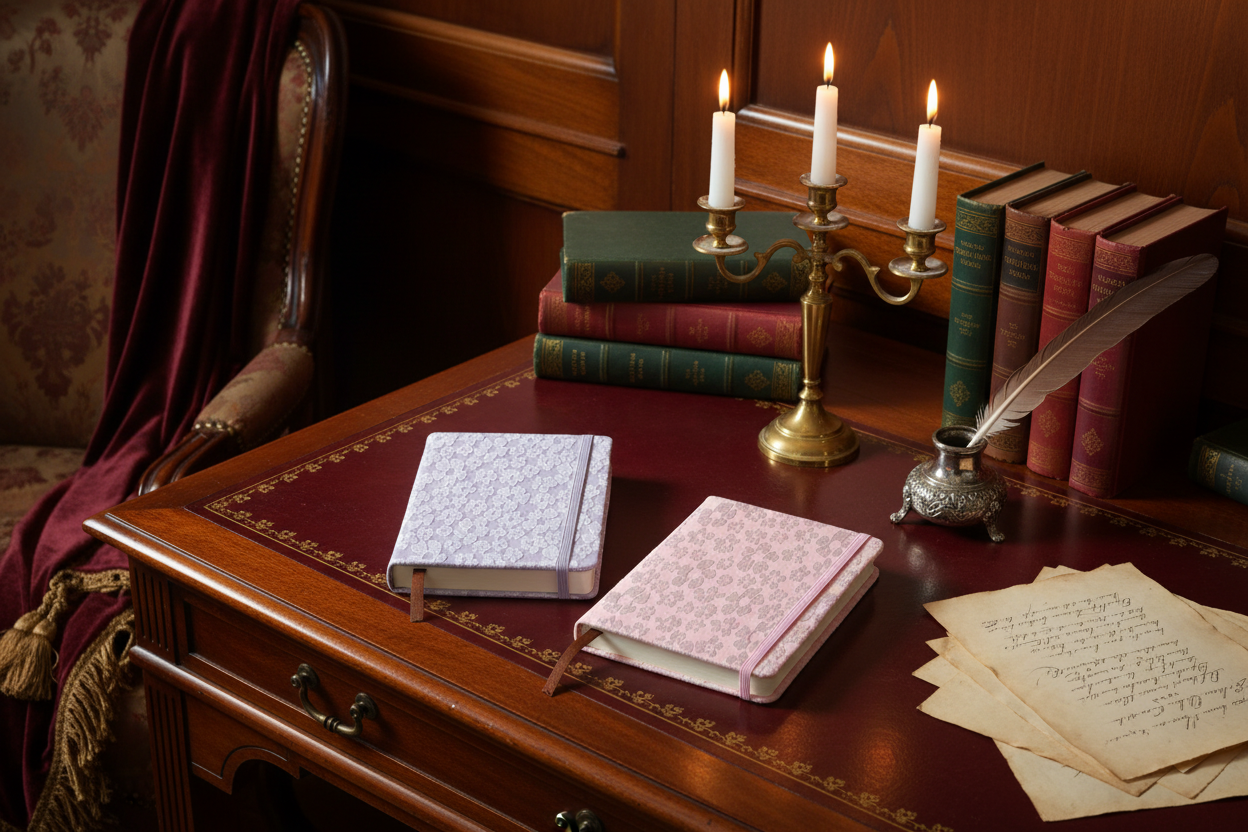 Jacquard 3D notebooks in lilac and blush pink on a Regency-inspired background