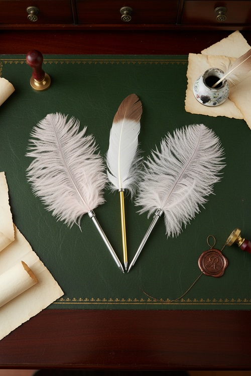 Feather ballpoint pens lying flat on a Regency mahogany writing desk