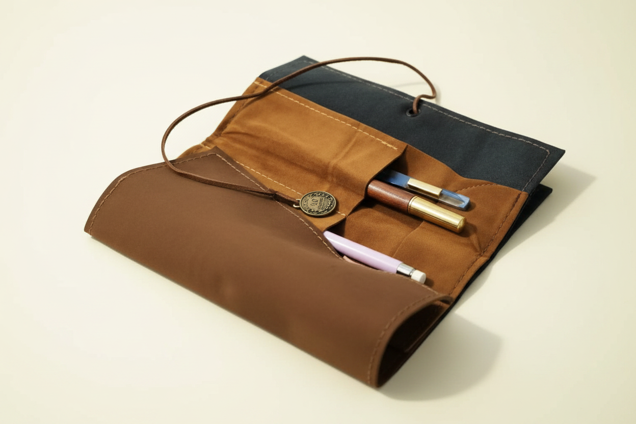 Leather Pen Roll on Cream Background