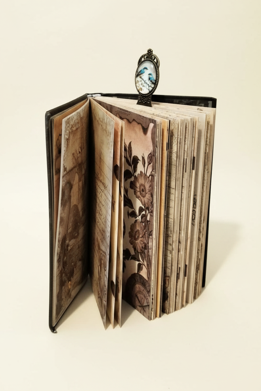 Open Junk Journal on Cream Background